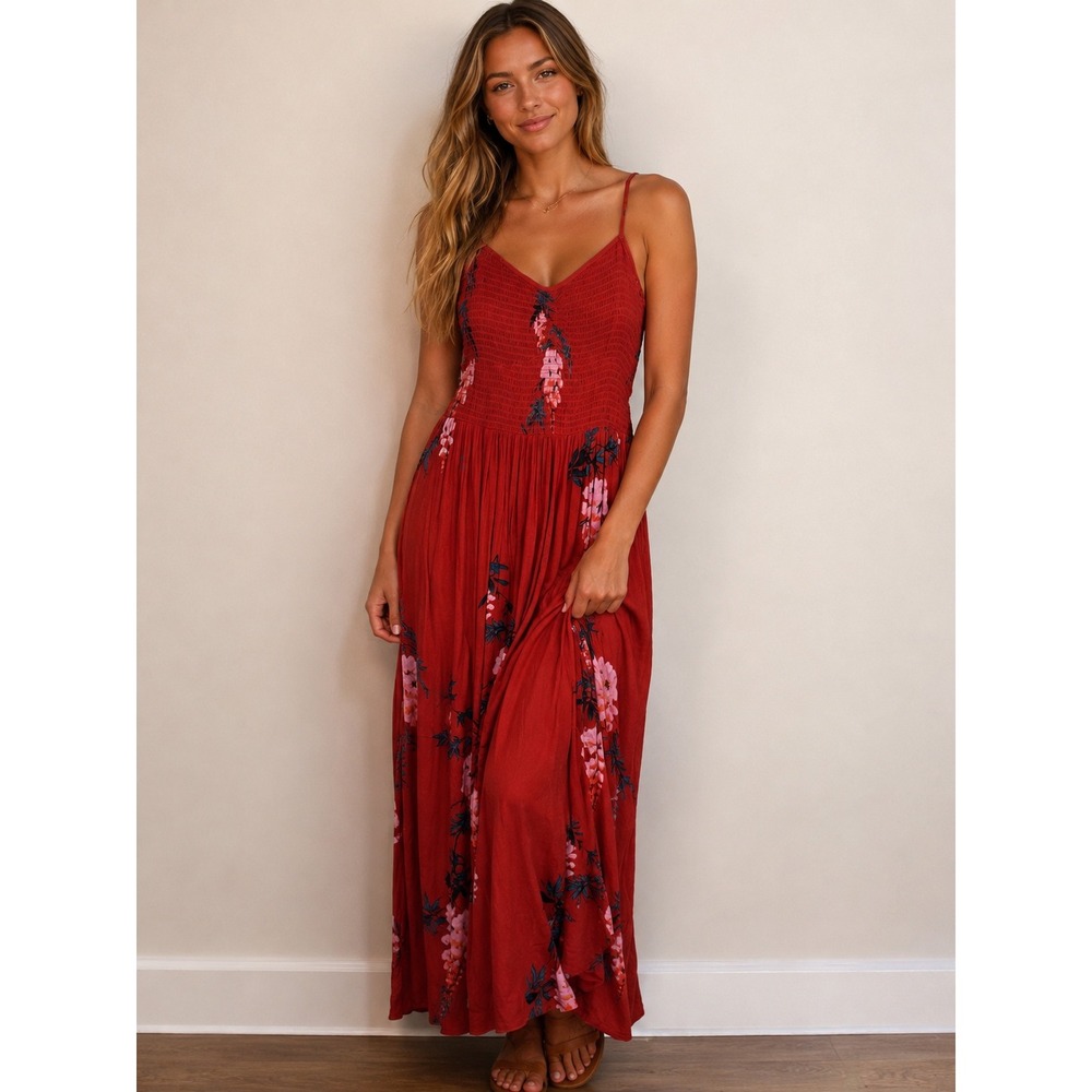 Free People Intimately Red Floral Smocked Maxi Dress Large Boho Adjustable Strap